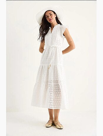 Vestido midi con ojales, cuello en v y mangas con detalles forrados lucci