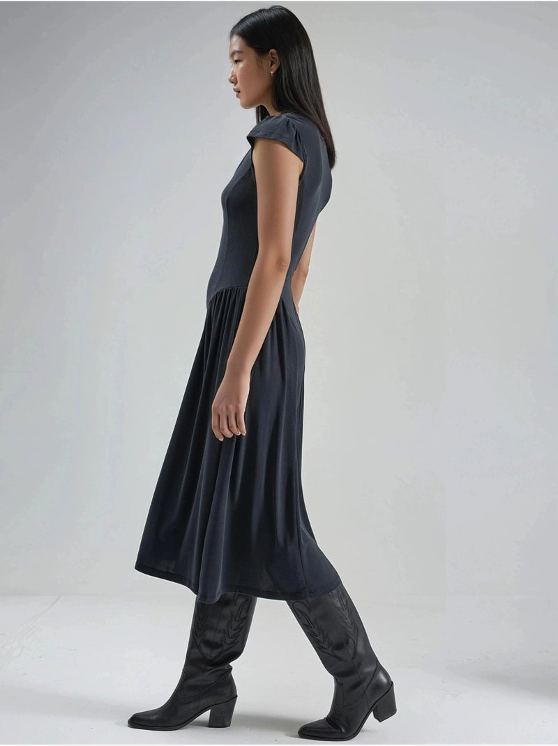 Vestido midi con paneles y cuello en u liso de busem Gris oscuro - Kiabi