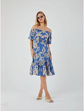 Vestido midi con volantes y cuello barco con estampado floral de mixray