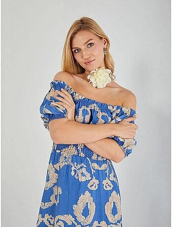 Vestido midi con volantes y cuello barco con estampado floral de mixray