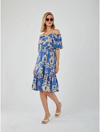 Vestido midi con volantes y cuello barco con estampado floral de mixray