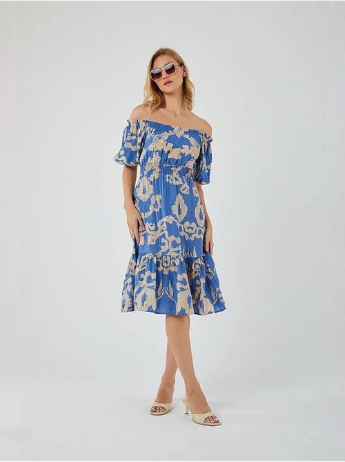 Vestido midi con volantes y cuello barco con estampado floral de mixray - Kiabi