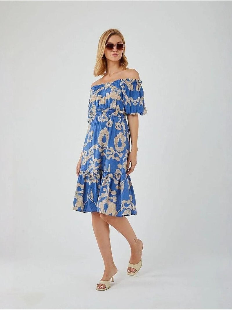 Vestido midi con volantes y cuello barco con estampado floral de mixray Azul claro - Kiabi