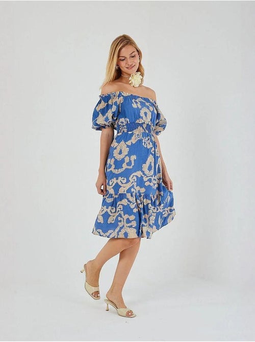 Vestido midi con volantes y cuello barco con estampado floral de mixray - Kiabi