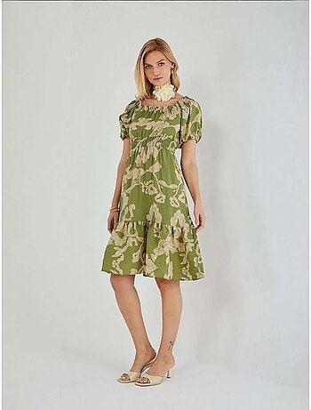 Vestido midi con volantes y cuello barco con estampado floral de mixray