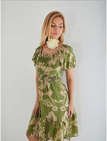 Vestido midi con volantes y cuello barco con estampado floral de mixray