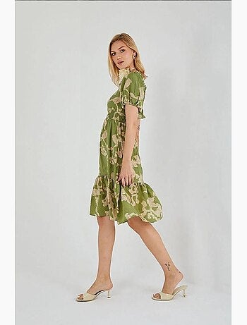 Vestido midi con volantes y cuello barco con estampado floral de mixray