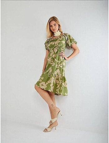 Vestido midi con volantes y cuello barco con estampado floral de mixray