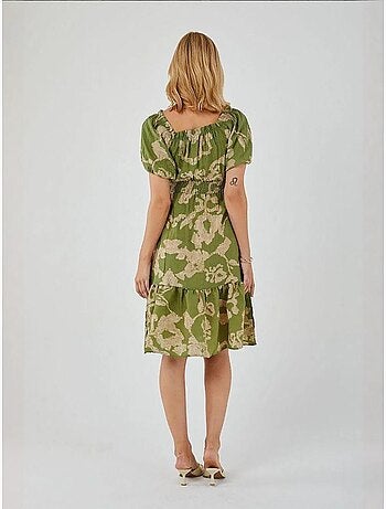Vestido midi con volantes y cuello barco con estampado floral de mixray
