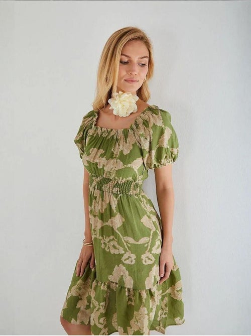 Vestido midi con volantes y cuello barco con estampado floral de mixray - Kiabi