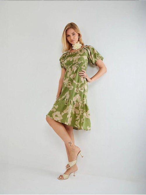 Vestido midi con volantes y cuello barco con estampado floral de mixray - Kiabi