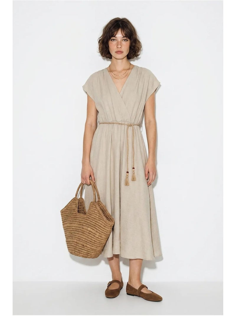 Vestido midi cruzado con cinturón lucci Beige arcilla - Kiabi
