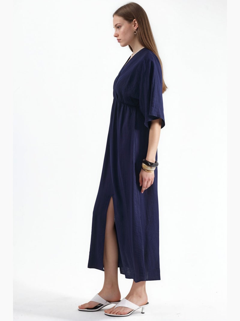 Vestido midi cruzado con cuello en v y mangas tres cuartos busem Azul marino - Kiabi