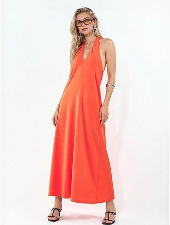 Vestido midi de algodón con cuello halter y abertura busem