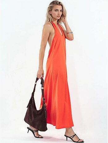 Vestido midi de algodón con cuello halter y abertura busem