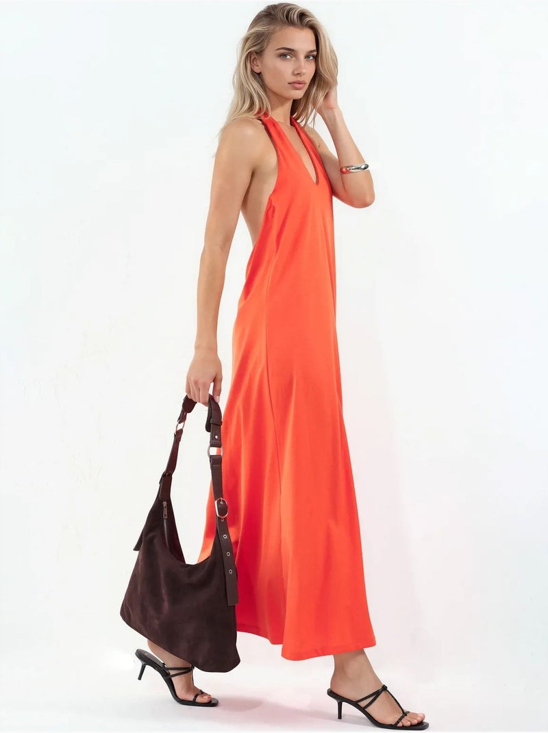 Vestido midi de algodón con cuello halter y abertura busem Naranja - Kiabi
