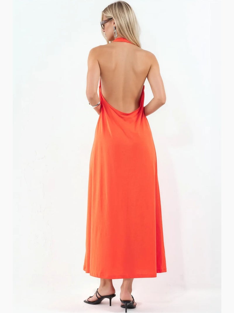 Vestido midi de algodón con cuello halter y abertura busem Naranja - Kiabi