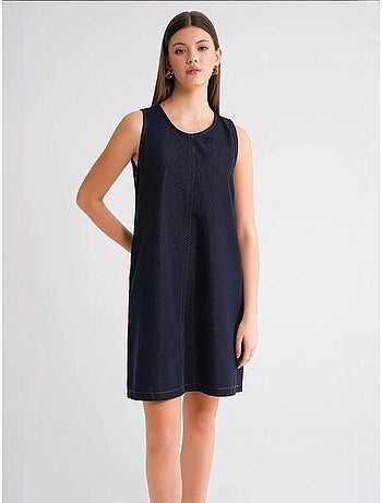 Vestido midi de algodón con cuello redondo y bolsillos de mixray