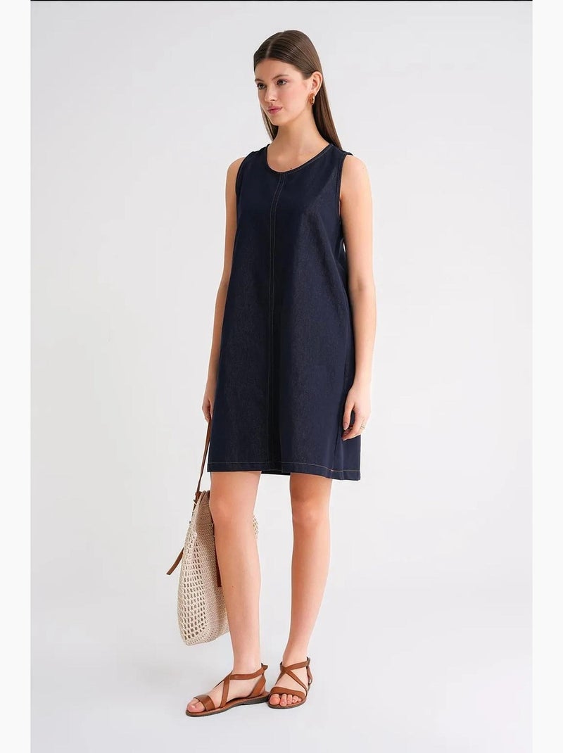 Vestido midi de algodón con cuello redondo y bolsillos de mixray Azul marino - Kiabi