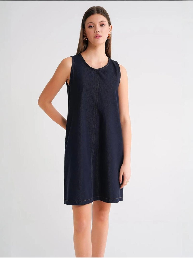 Vestido midi de algodón con cuello redondo y bolsillos de mixray Azul marino - Kiabi