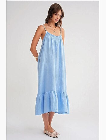 Vestido midi de algodón con detalle de volantes mixray