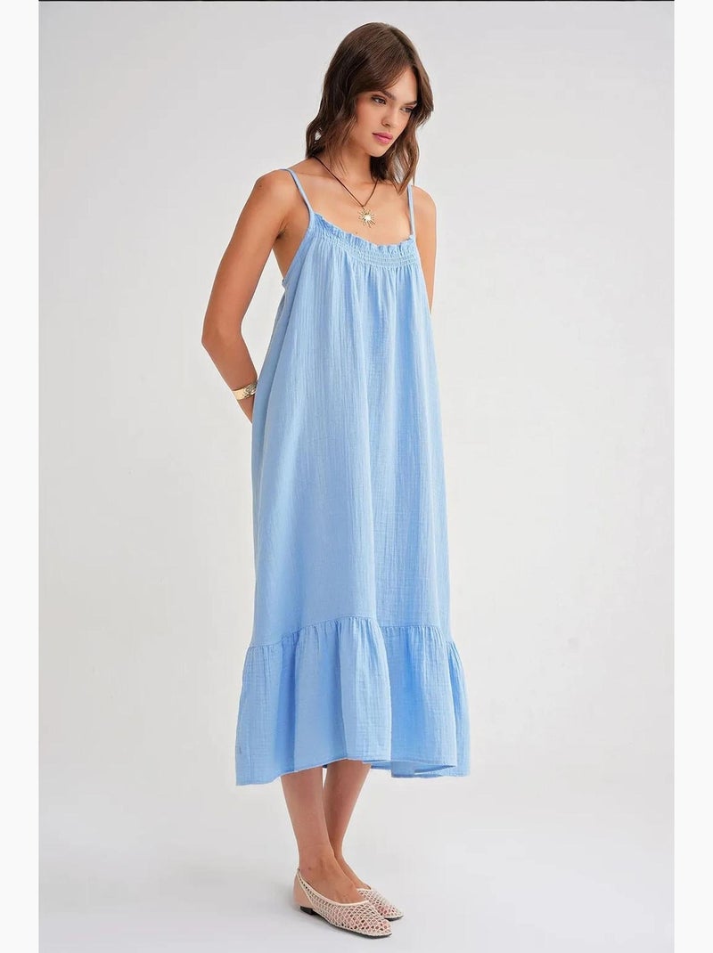 Vestido midi de algodón con detalle de volantes mixray Azul cielo - Kiabi