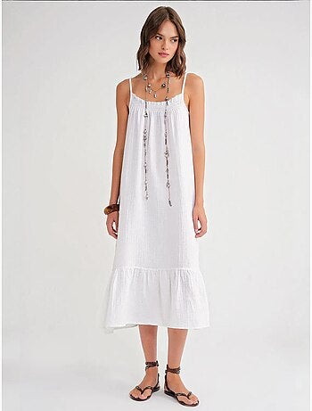 Vestido midi de algodón con detalle de volantes mixray