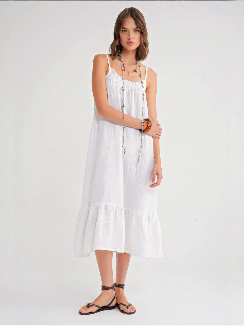 Vestido midi de algodón con detalle de volantes mixray Blanco - Kiabi