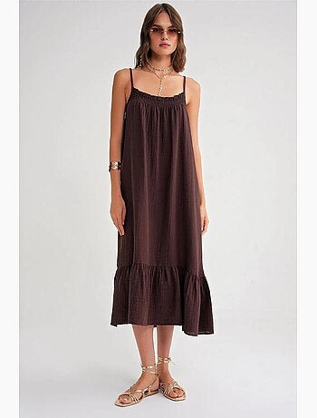 Vestido midi de algodón con detalle de volantes mixray