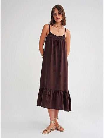 Vestido midi de algodón con detalle de volantes mixray
