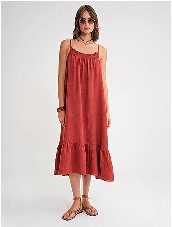Vestido midi de algodón con detalle de volantes mixray