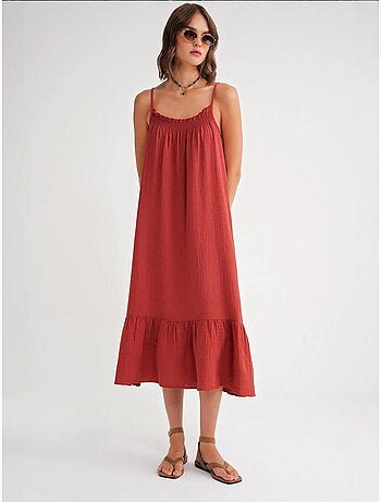 Vestido midi de algodón con detalle de volantes mixray
