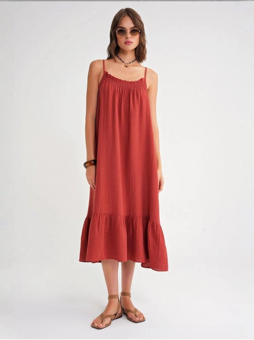 Vestido midi de algodón con detalle de volantes mixray - Kiabi Vestido midi de algodón con detalle de volantes mixray - Kiabi