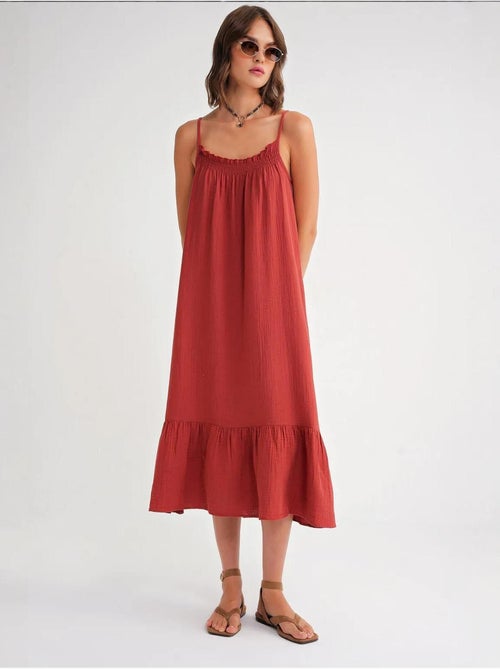 Vestido midi de algodón con detalle de volantes mixray - Kiabi Vestido midi de algodón con detalle de volantes mixray - Kiabi