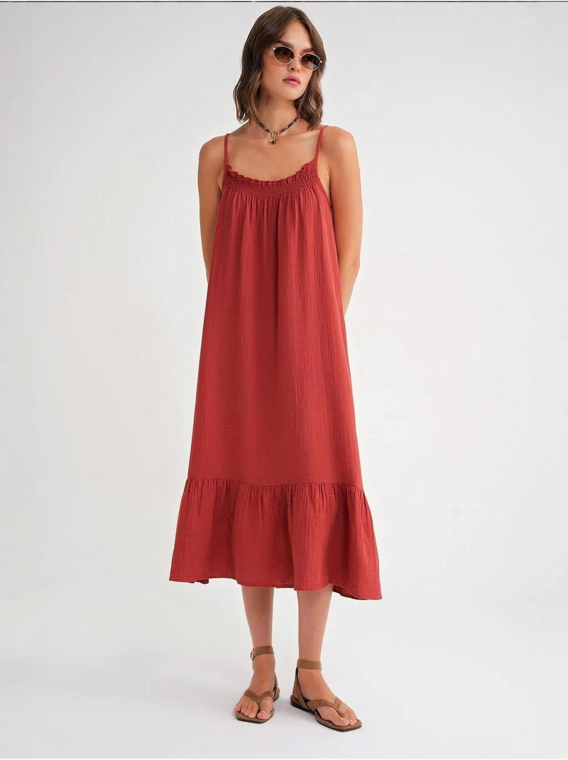 Vestido midi de algodón con detalle de volantes mixray Rojo oscuro - Kiabi
