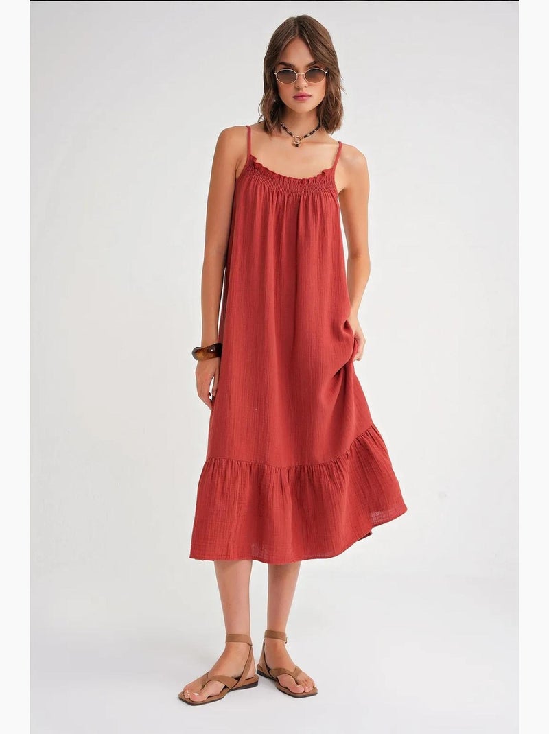 Vestido midi de algodón con detalle de volantes mixray Rojo oscuro - Kiabi