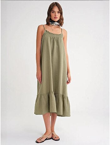 Vestido midi de algodón con detalle de volantes mixray