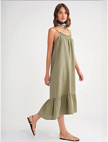 Vestido midi de algodón con detalle de volantes mixray