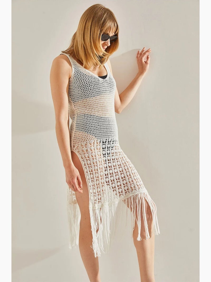 Vestido midi de algodón texturizado con escote cuadrado lucci Blanco - Kiabi