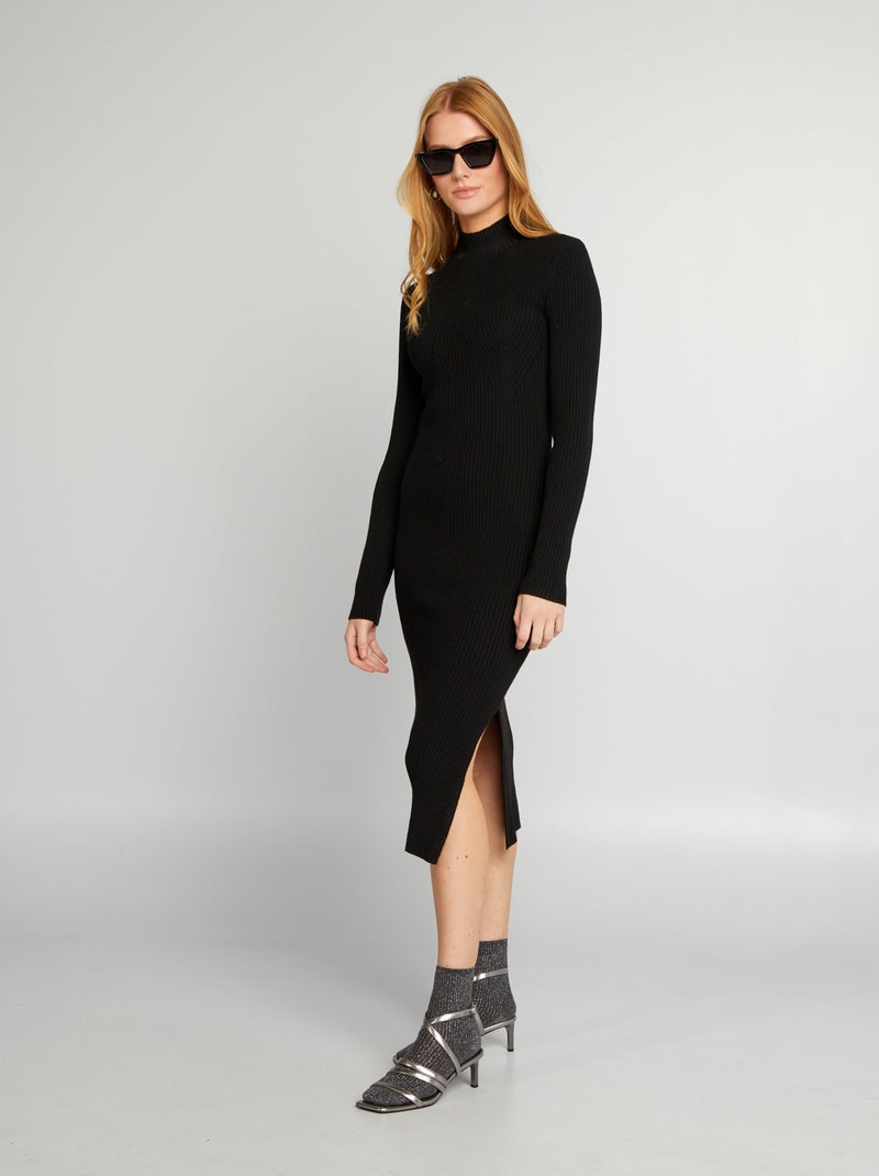 Vestido midi de canalé con cuello alto negro - Kiabi