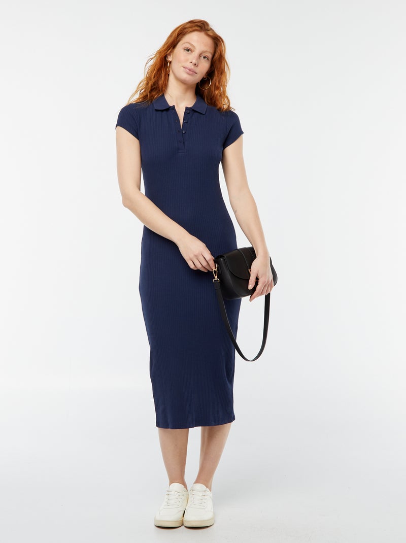 Vestido midi de canalé con cuello de polo NEGRO - Kiabi