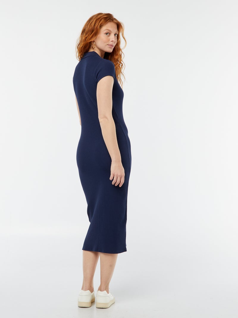Vestido midi de canalé con cuello de polo NEGRO - Kiabi