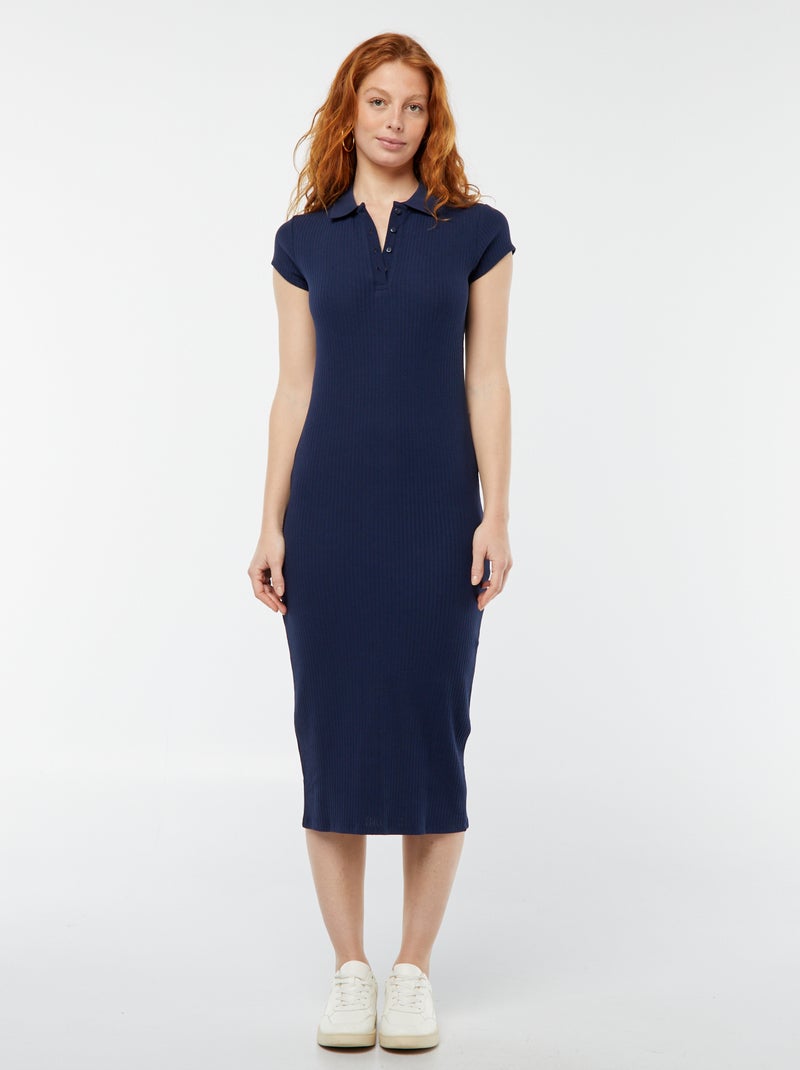 Vestido midi de canalé con cuello de polo NEGRO - Kiabi