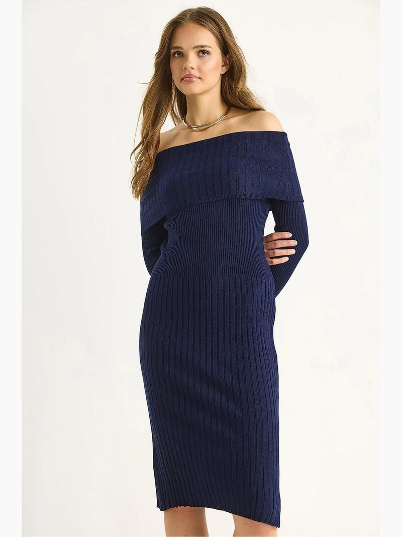 Vestido midi de canalé con cuello en u de lucci Azul marino - Kiabi