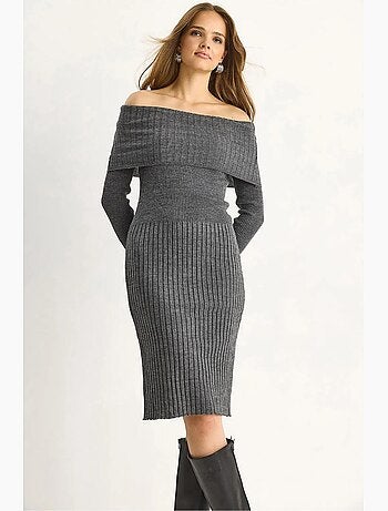 Vestido midi de canalé con cuello en u de lucci