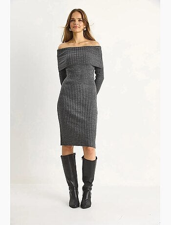 Vestido midi de canalé con cuello en u de lucci