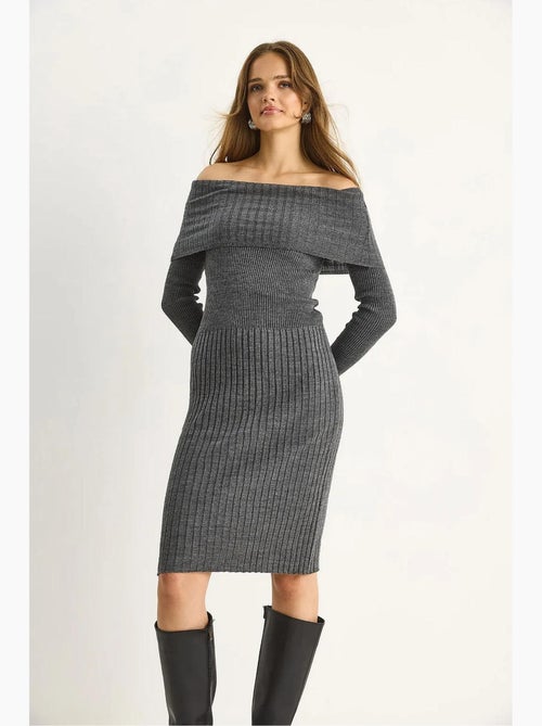 Vestido midi de canalé con cuello en u de lucci - Kiabi