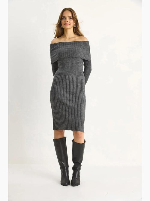 Vestido midi de canalé con cuello en u de lucci - Kiabi