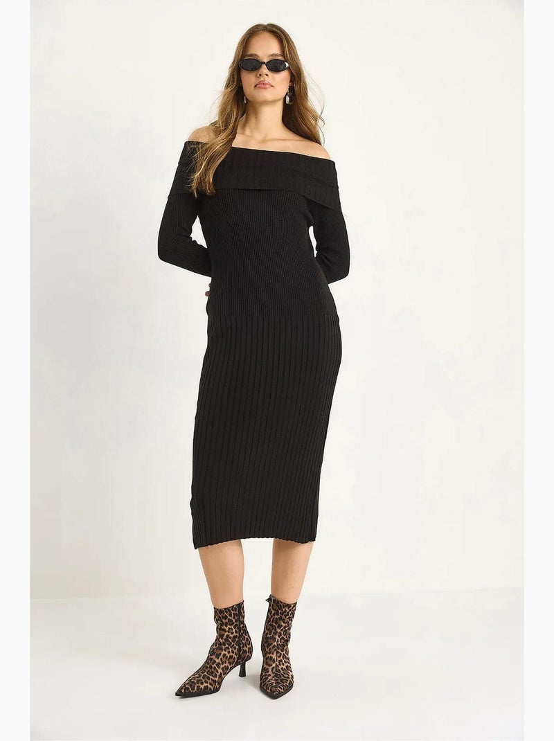 Vestido midi de canalé con cuello en u de lucci Negro - Kiabi