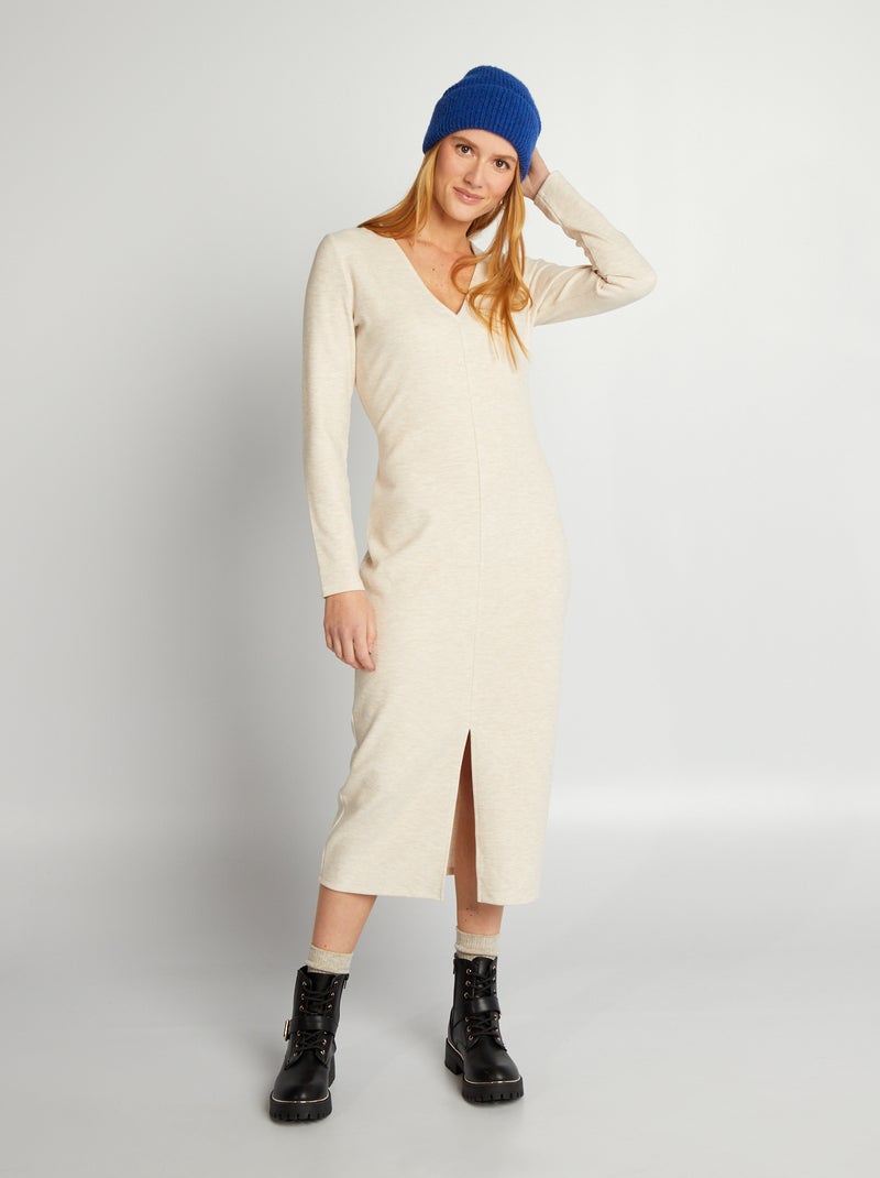 Vestido midi de canalé fino BEIGE - Kiabi